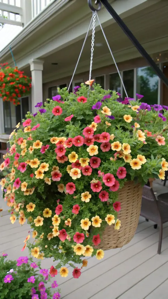 A full hanging basket brimming with colorful Million Bells (Calibrachoa) flowers in shades of orange, yellow, and pink, demonstrating vibrant hanging plants outdoor suitable for sunny patios.