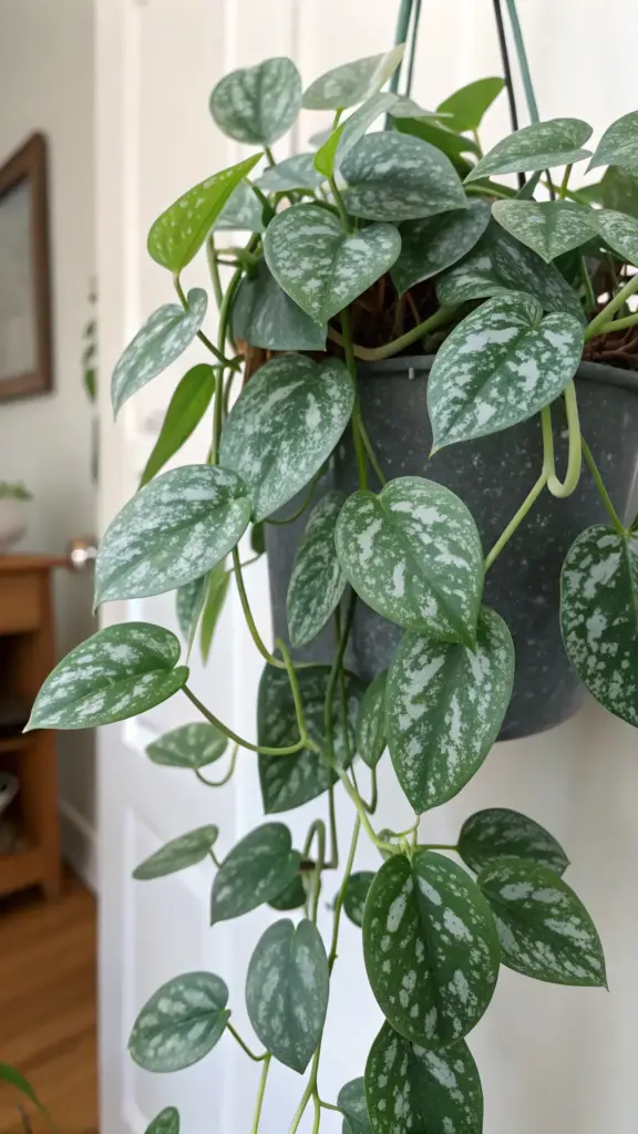 Close-up of a Satin Pothos (Scindapsus pictus 'Argyraeus') with its distinctive matte green leaves and silvery splotches, a beautiful variety of hanging plants indoor, shown in a dark gray hanging pot.