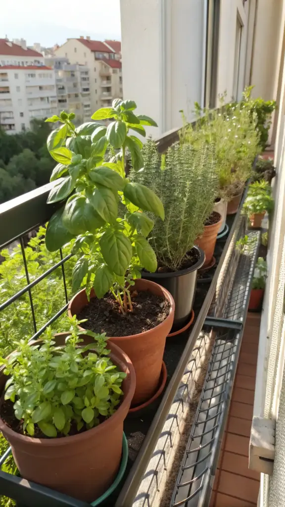 A variety of fresh herbs, including basil and thyme, growing in terracotta pots on a sunny balcony, showcasing a perfect setup for functional balcony plants summer gardening, with a city view in the background.
