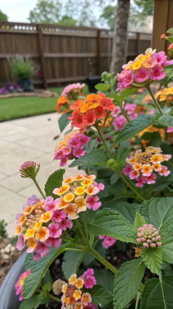 Colorful lantana flowers in full bloom, displaying vibrant clusters of orange, pink, yellow, and white blossoms. These full sun plants that bloom all summer thrive in the sunny garden, surrounded by lush green foliage and framed by a wooden fence. Perfect for a serene patio setting, this lively display adds lasting color and charm to any outdoor space.