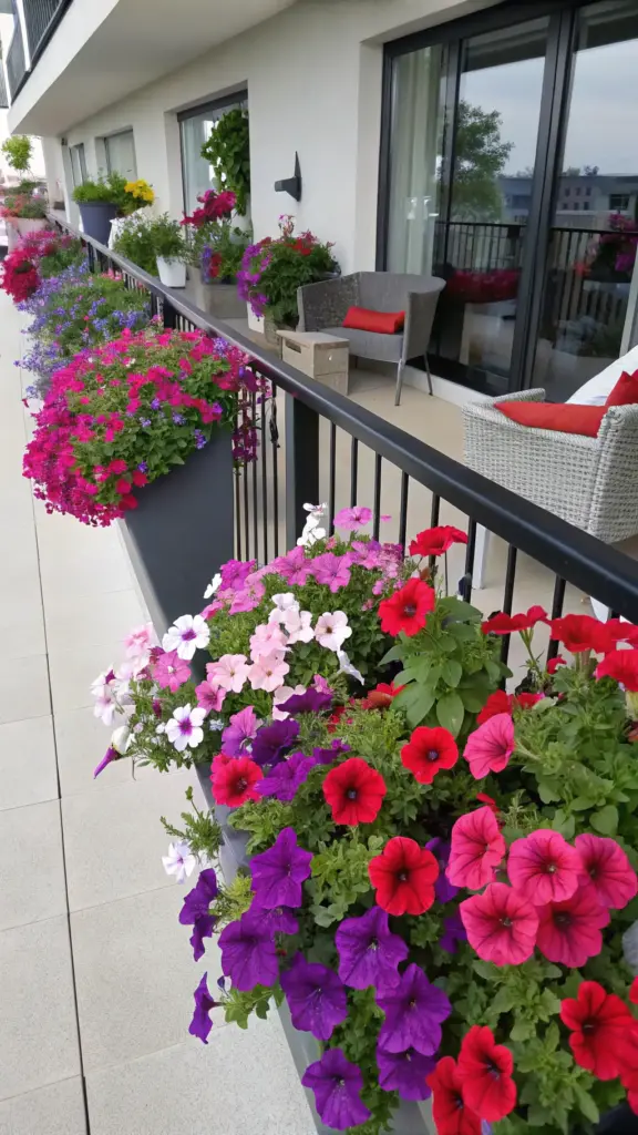 Colorful petunias in vibrant shades of red, pink, and purple, showcased as beautiful "balcony hanging plants" in long planter boxes attached to a black railing, with comfortable seating in the background.