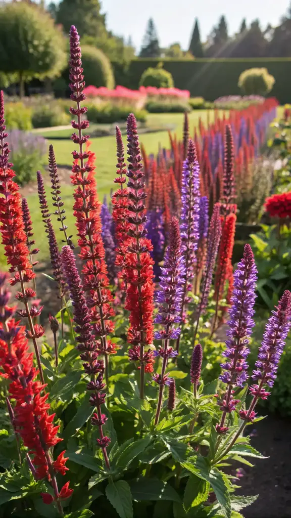 Striking vertical spikes of vibrant red and deep purple Salvia, excellent summer plants full sun outdoor, blooming profusely in a sunny formal garden.