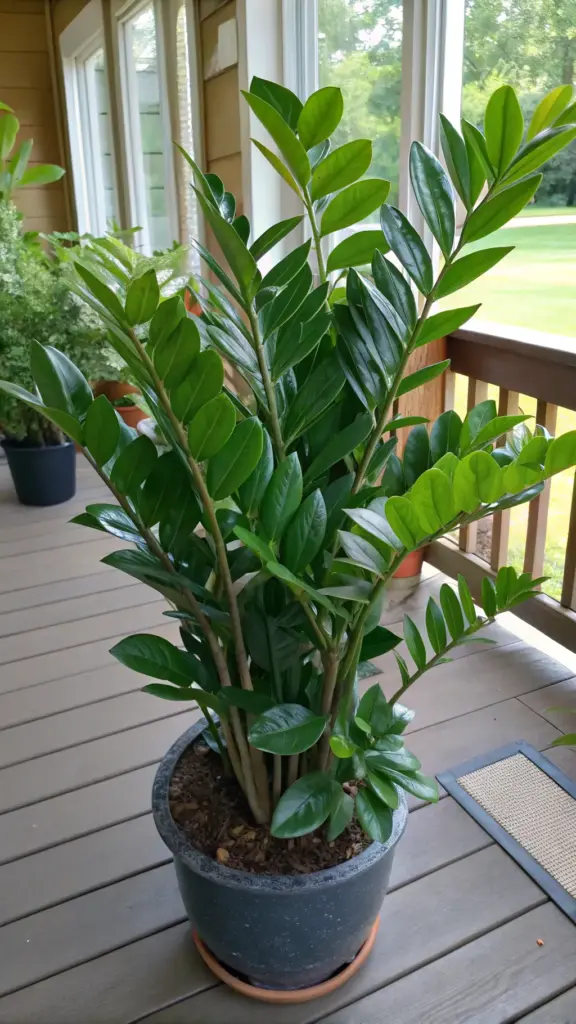 A healthy, resilient ZZ Plant (Zamioculcas zamiifolia) with its characteristic glossy, dark green leaves, shown in a pot on a wooden porch, demonstrating it's one of the great indoor plants that can go outside in the summer in a shaded spot.