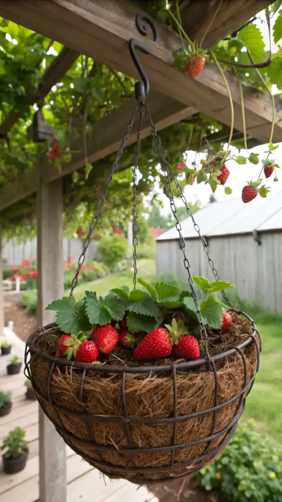 Close-up of lush hanging strawberry plants in a woven wire basket with a coco coir liner, bursting with ripe red strawberries and green leaves, suspended from a wooden pergola outdoors.