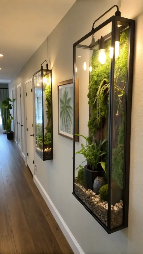 Cozy, modern apartment hallway wall featuring two striking vertical glass terrariums with black metal frames, illuminated to showcase a lush arrangement of moss and plants, an elegant "hanging plants diy" living wall concept.