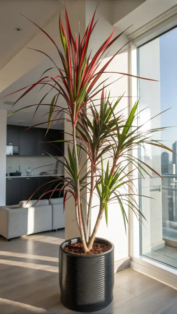 A tall Dracaena marginata, commonly known as a Dragon Tree, enhances the modern house plants aesthetic of a brightly lit apartment. The plant features multiple slender stems of varying heights, topped with tufts of long, spiky green leaves edged in vibrant red. It is potted in a large, black ribbed cylindrical container placed on a light wooden floor. Sunlight streams in from a large window or glass door to the right, which also offers a glimpse of a balcony and a city view in the distance. The background shows a contemporary open-plan living space with a light-colored sofa and dark kitchen cabinetry, demonstrating how this striking plant serves as a stylish focal point and contributes to a sophisticated house plants aesthetic.