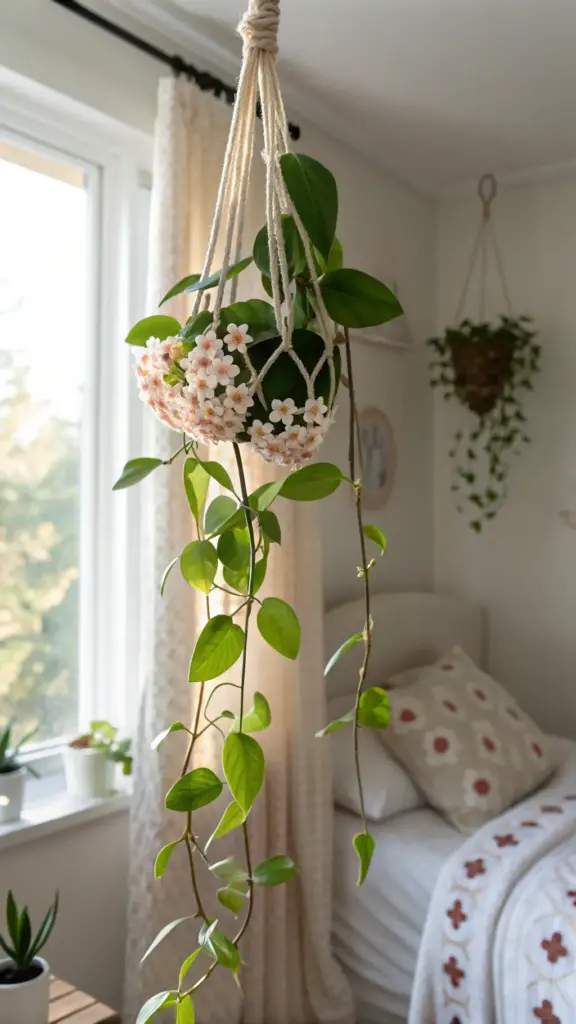 A flowering Hoya Carnosa, or wax plant, with delicate pink and white blooms, featured as one of the beautiful hanging plants indoor bedroom, suspended in a macrame hanger near a window, with a bed and another hanging basket visible in the background.
