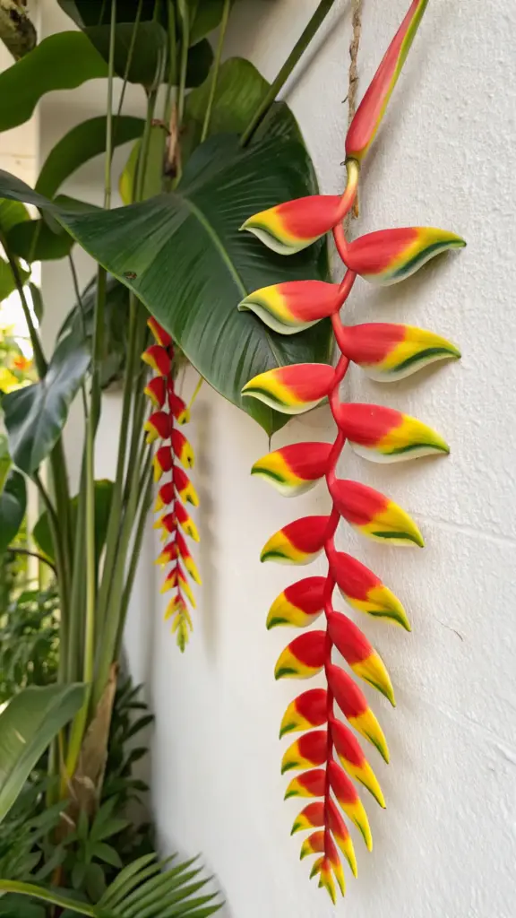 A striking Heliconia rostrata (lobster claw) flower, with its vibrant red and yellow hanging bracts, displayed against a white textured wall, serving as a beautiful natural alternative to traditional wall hanging plants.