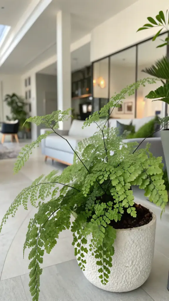 A delicate and lush Maidenhair Fern, a beautiful example of House Plants Indoor, showcasing its fine black stems and vibrant green, fan-shaped leaflets. The fern is potted in a textured white pot and placed on a light tiled floor within a brightly lit, modern home interior featuring a blurred background with a contemporary sofa, large windows, and other greenery, creating an airy and stylish atmosphere.