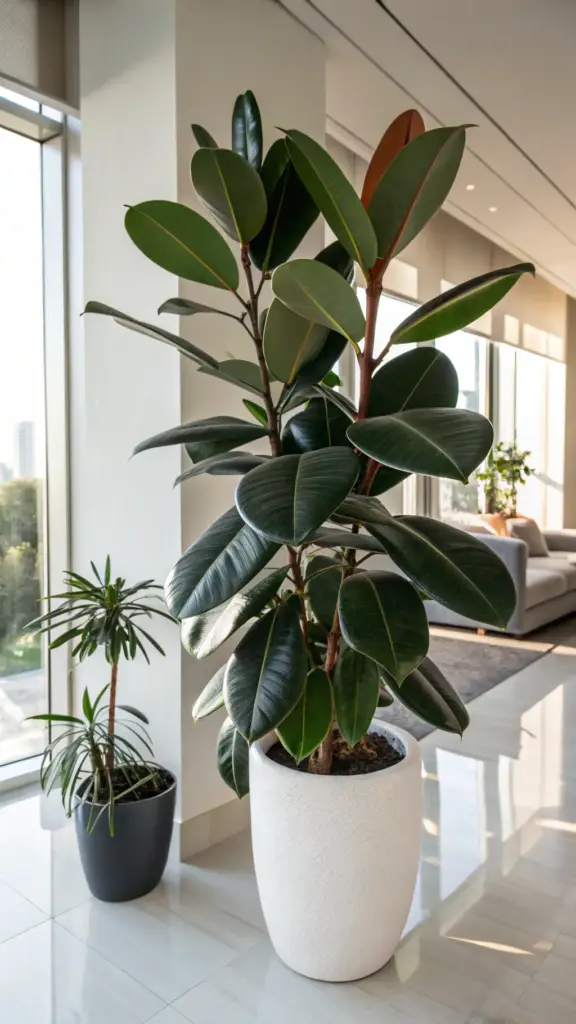 A large, healthy Rubber Plant (Ficus elastica) with glossy, dark green leaves in a white textured pot, alongside a smaller potted plant, exemplifies sophisticated House Plants Decor in a modern, brightly lit space with large windows and tiled floors.