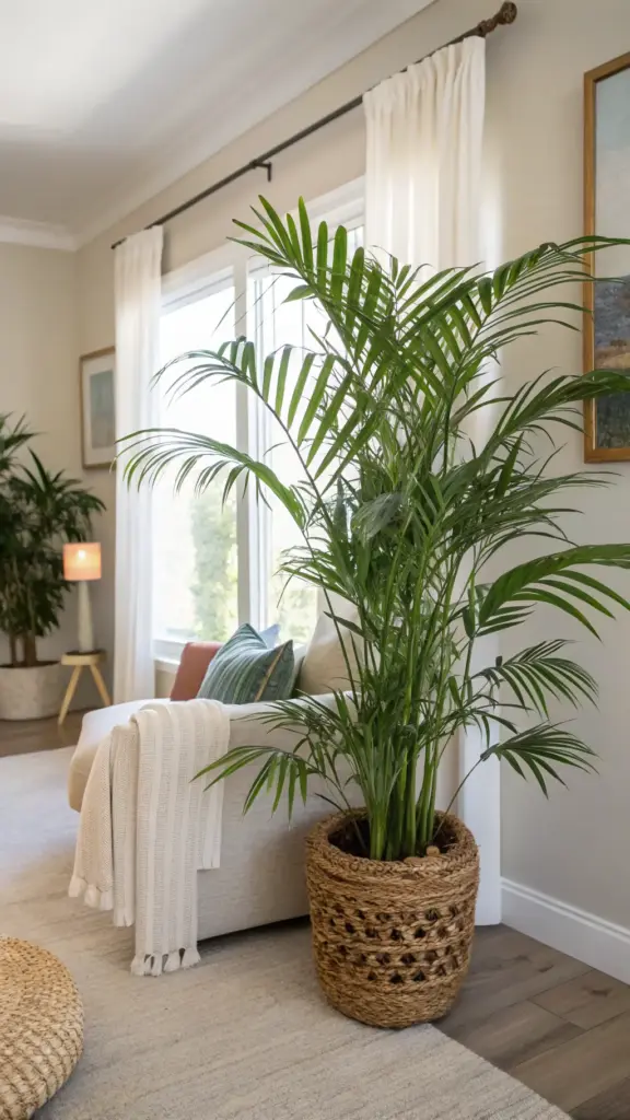 A lush, tall Bamboo Palm (Chamaedorea seifrizii), an excellent example of air purifying house plants, thrives in a large woven natural fiber basket in a brightly lit living room. Its feathery green fronds reach towards the natural light streaming from a large window with sheer white curtains. The palm is positioned next to a comfortable light-colored sofa adorned with a textured white throw and colorful cushions, contributing to a serene, airy, and healthy indoor environment. A glimpse of another potted plant, a floor lamp, and wall art complete the tranquil scene.