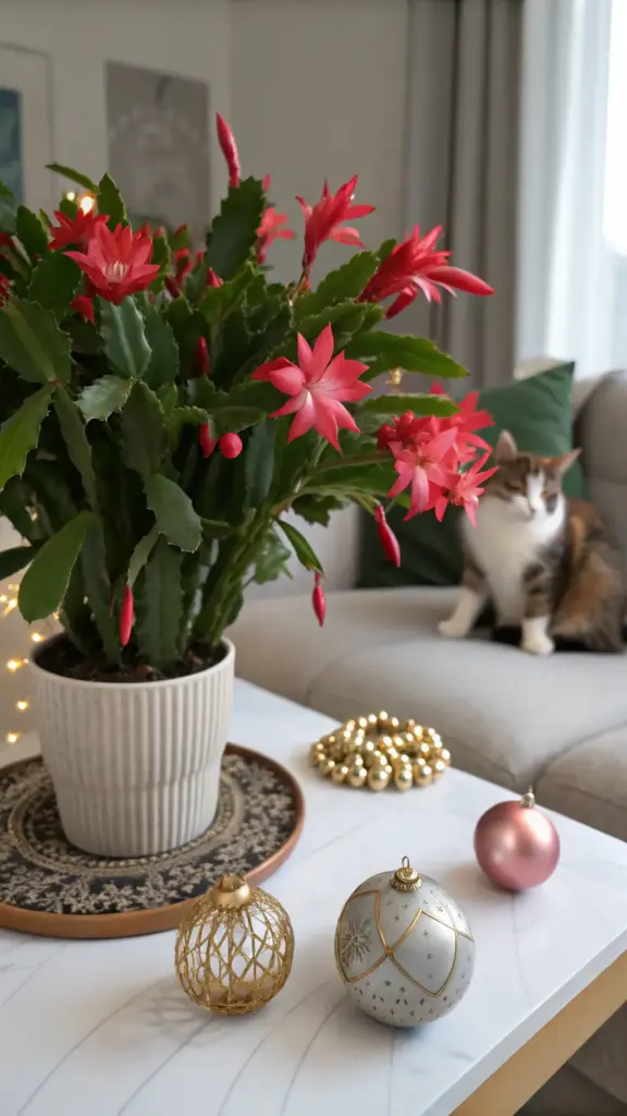 A festive Christmas Cactus (Schlumbergera) with vibrant red blooms in a ribbed white pot, a great example of pet friendly house plants, takes center stage on a coffee table adorned with holiday ornaments. A calico cat sits inquisitively on the sofa in the background, highlighting a safe and decorative seasonal setting for homes with pets.