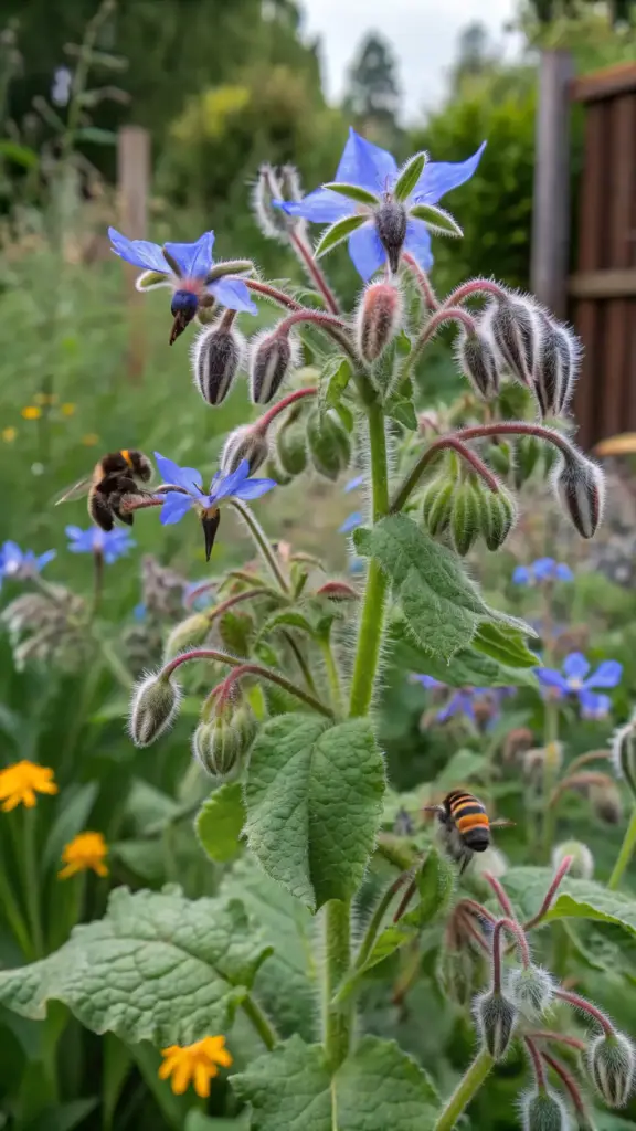 Vibrant blue, star-shaped borage flowers with fuzzy stems and leaves, attracting bees in a garden setting, highlighting their role as beneficial summer squash companion plants that deter pests and attract pollinators.