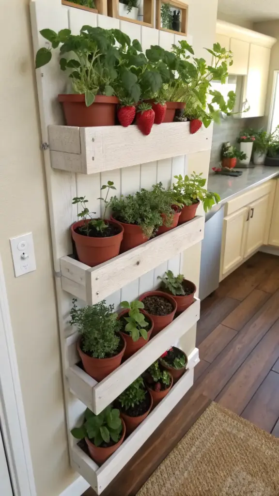 Wall-mounted white wooden tiered planter with hanging strawberry plants in terracotta pots on the top shelf, showcasing ripe red berries, alongside other herbs and plants in a kitchen or indoor setting.