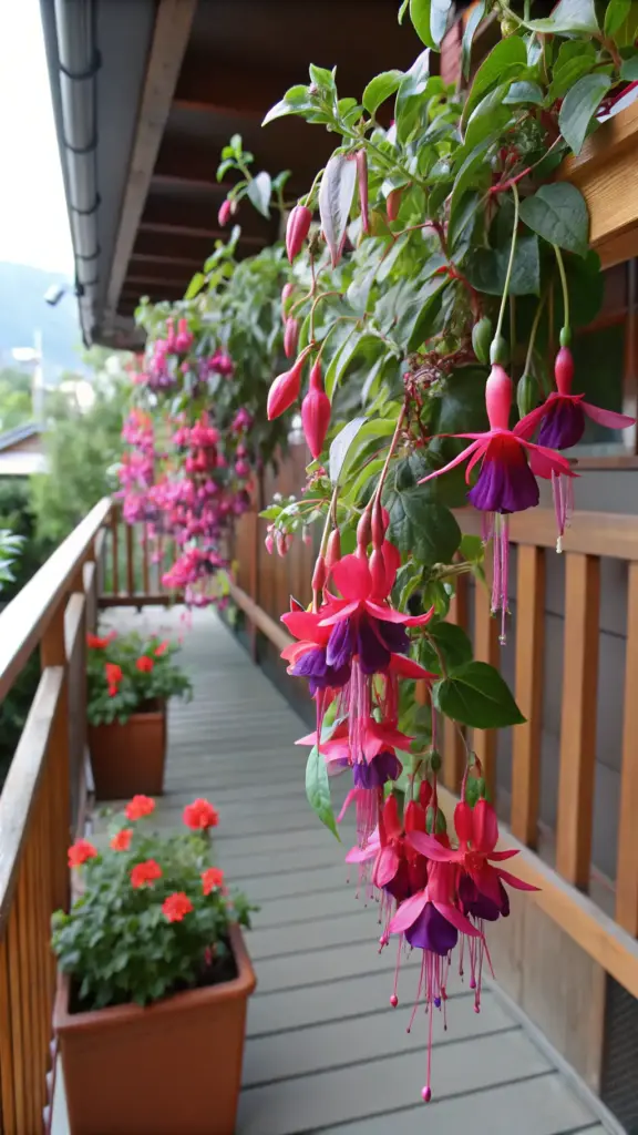 Elegant fuchsia with dramatic pink and purple drooping flowers, stunning "balcony hanging plants," cascading down a wooden balcony with a slatted floor and railing. Other potted plants are visible in the background.