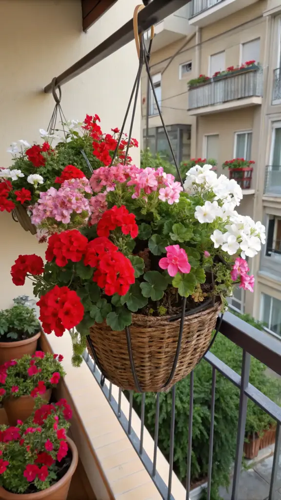 Vibrant red, pink, and white geraniums (Pelargonium), popular "plants for hanging baskets," create a stunning floral display in a woven basket with a metal frame, on a balcony with apartment buildings in the background. Another basket with red and white flowers is visible nearby.