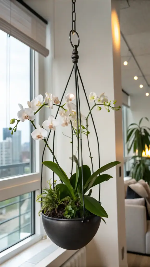 Elegant hanging orchid elegance with white Phalaenopsis blooms in a sophisticated dark bowl planter, a beautiful example of "hanging plants in front of window" adding a touch of nature to a modern interior with city views.