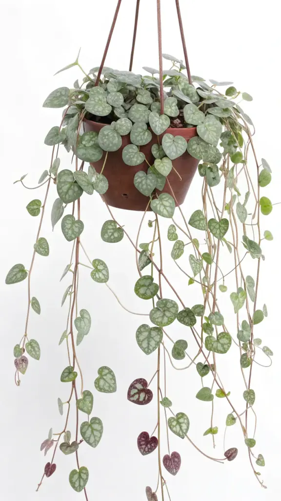 Delicate String of Hearts (Ceropegia woodii) with its characteristic silver-mottled, heart-shaped leaves cascading from a brown pot, a popular choice for whimsical hanging plants indoor, against a white background.