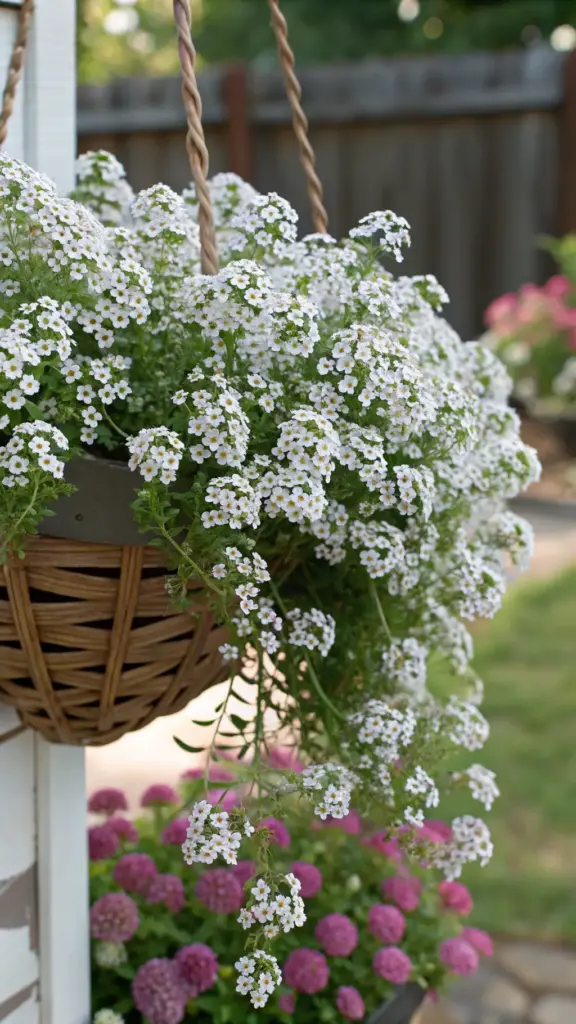 A charming woven hanging basket filled with delicate white Sweet Alyssum (Lobularia maritima) flowers, spilling gracefully over the sides, showcasing fragrant hanging plants outdoor options.