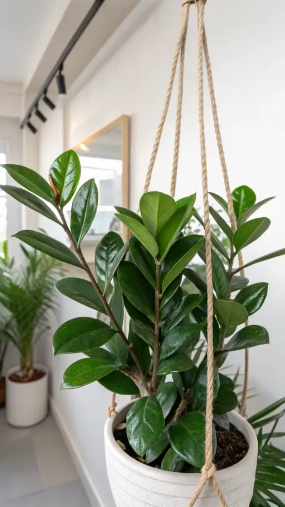 A stylish ZZ Plant (Zamioculcas zamiifolia) with glossy green leaves, offering low-maintenance and aesthetic "hanging plants indoor ideas," showcased in a modern light-colored hanging pot against a plain wall.