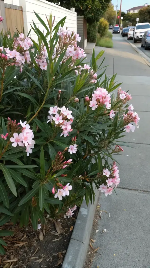 Pink oleander flowers, hardy summer plants often found in coastal areas and near the beach, bloom on a shrub next to a sidewalk.