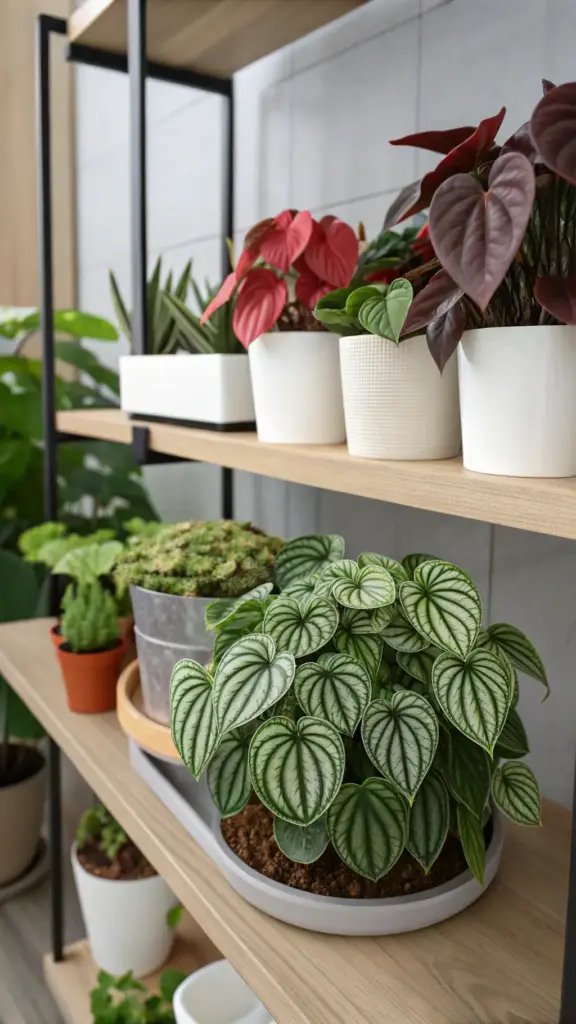 A well-organized wooden shelving unit displaying a variety of cat friendly house plants in stylish pots against a tiled wall. Prominently featured in the foreground is a Watermelon Peperomia (Peperomia argyreia) with its distinct silver and green striped, heart-shaped leaves. Other Peperomia varieties with red and dark green foliage, alongside various succulents, are neatly arranged on the shelves, showcasing a beautiful and diverse collection of pet-safe indoor greenery perfect for modern homes.