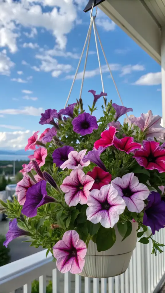 Colorful pink and purple petunias, fantastic "outdoor hanging plants" for vibrant summer displays, shown abundantly flowering and cascading from a large hanging basket.