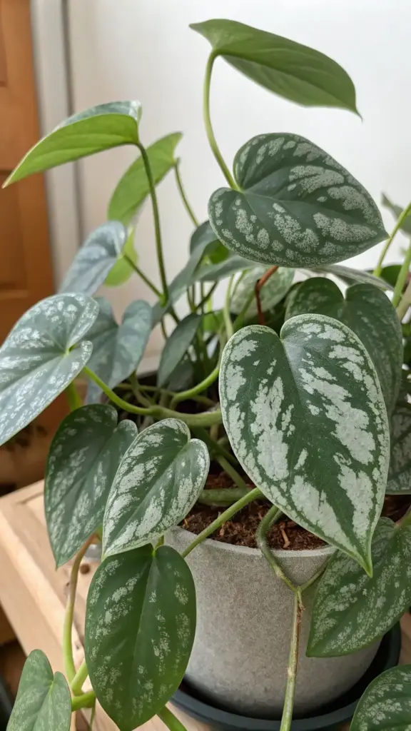 A close-up of a lush Satin Pothos (Scindapsus pictus), a popular variety of low light house plants, showcasing its distinctive velvety, heart-shaped leaves. The dark green foliage is beautifully adorned with silvery-grey splotches, creating an elegant texture. The plant is potted in a simple grey pot, resting on a wooden surface, highlighting its adaptability and decorative appeal for indoor environments.