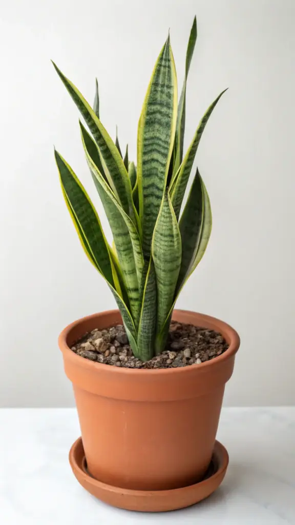 A striking Snake Plant (Dracaena trifasciata) with its signature upright, variegated leaves, potted in a terracotta container, an excellent low-maintenance choice for balcony plants summer arrangements due to its hardiness.