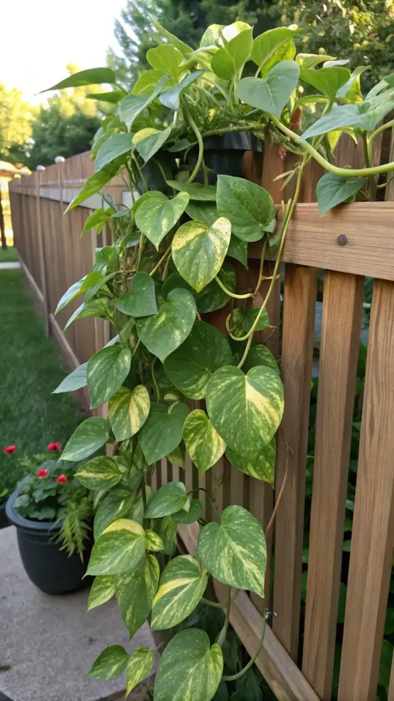 A vibrant Golden Pothos (Epipremnum aureum) with its variegated heart-shaped leaves, cascading down a wooden fence, illustrating it as one of the perfect indoor plants that can go outside in the summer to achieve lush, trailing growth.