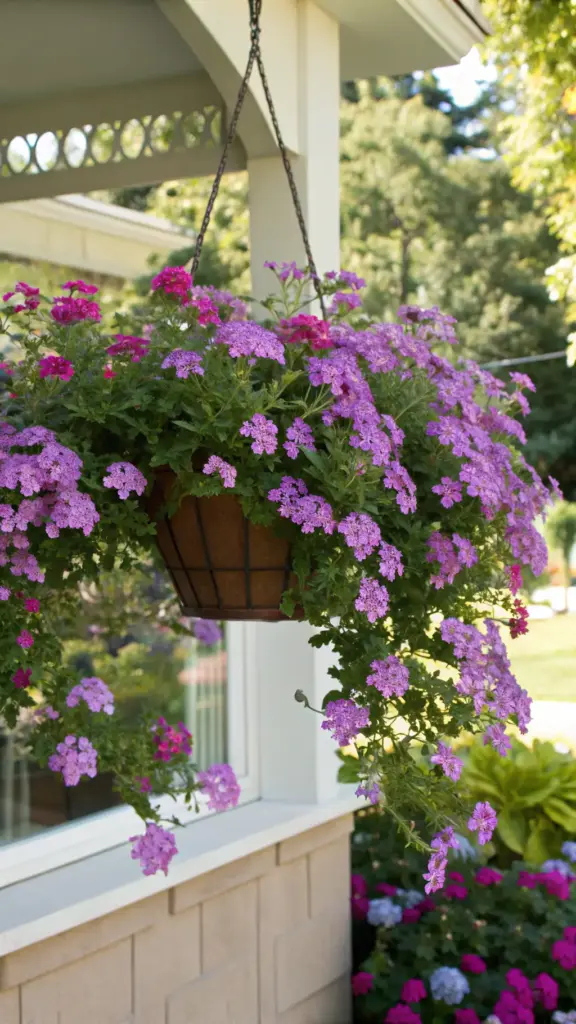 A lush hanging basket overflows with cascading purple and pink Verbena, showcasing beautiful summer plants full sun outdoor perfect for sunny porches.