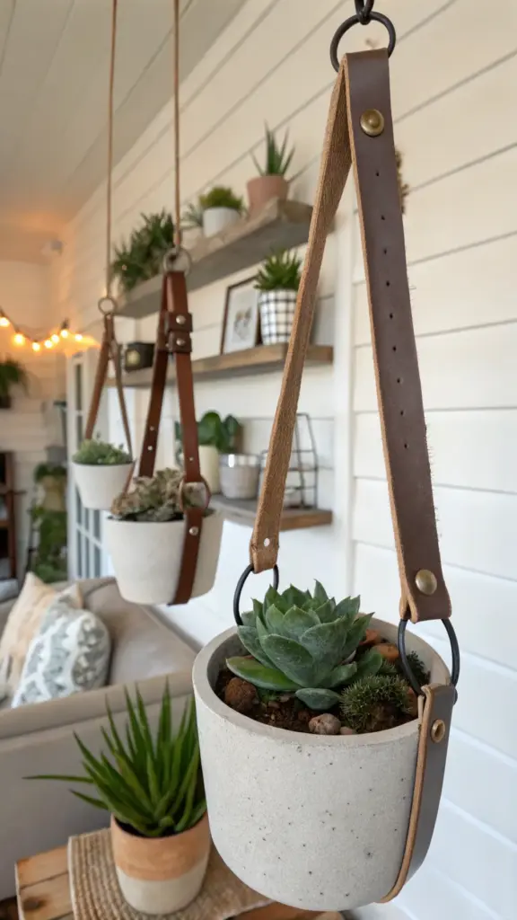 Stylish indoor setting featuring unique "hanging plants diy" with succulents in light-colored pots suspended by brown leather straps, against a white shiplap wall with shelving in the background.
