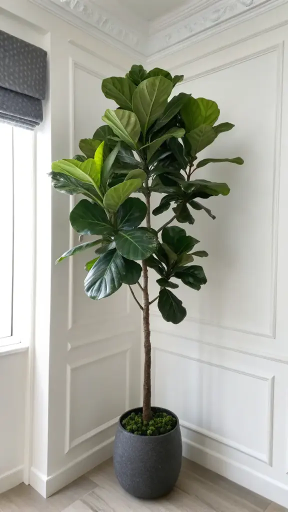 A majestic Fiddle-leaf fig (Ficus lyrata) in a sleek dark pot, set against a white wall with elegant molding, serving as a striking floor accent that beautifully complements rooms decorated with wall hanging plants.