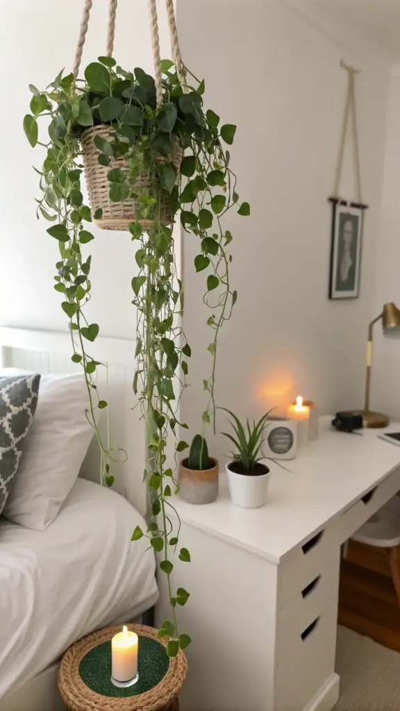 A lush, trailing peperomia, an ideal choice for hanging plants indoor bedroom, cascades from a woven basket above a white desk and bed, with a lit candle adding to the cozy ambiance.
