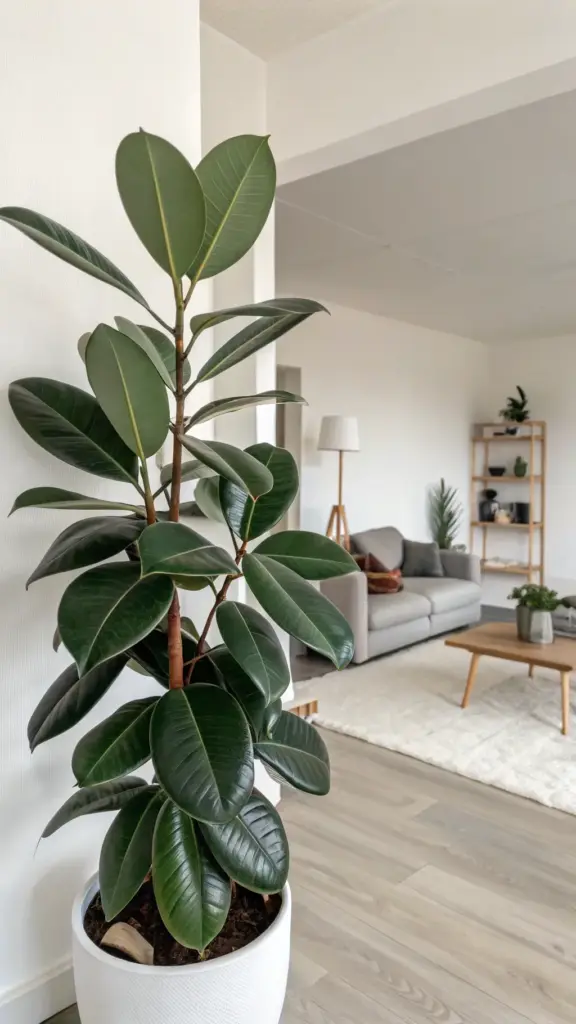 A tall, healthy Rubber Plant (Ficus elastica), prized for its striking foliage and known as one of the excellent air purifying house plants, is showcased in a sleek white cylindrical pot. Its large, glossy, dark green leaves stand out against a white wall in the foreground. The blurred background reveals a bright and airy modern living room with a grey sofa, wooden coffee table on a light rug, a floor lamp, and a wooden shelving unit adorned with other smaller plants, all contributing to a stylish, minimalist, and healthy home atmosphere.