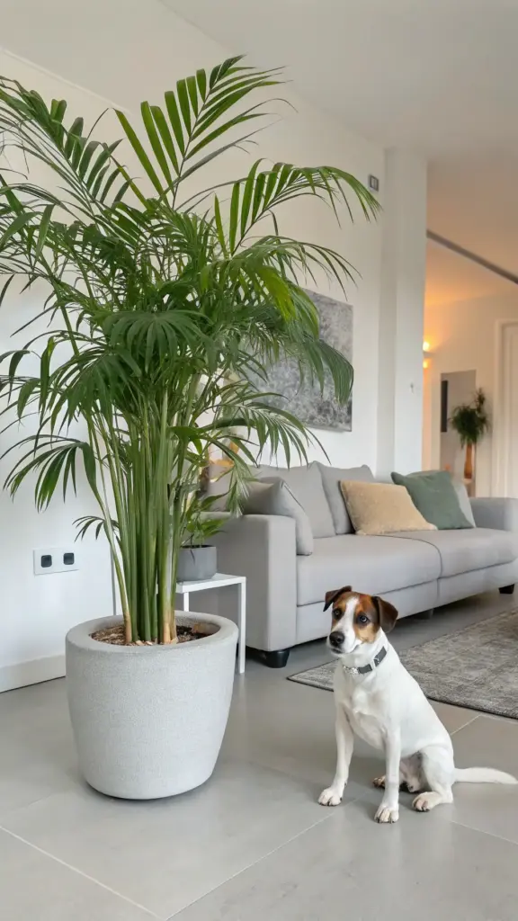 A tall, elegant Parlor Palm (Chamaedorea elegans) in a modern grey pot stands as a beautiful example of pet friendly house plants in a brightly lit living room. A white and brown Jack Russell Terrier dog sits attentively beside the palm, showcasing a stylish and safe environment for pets.