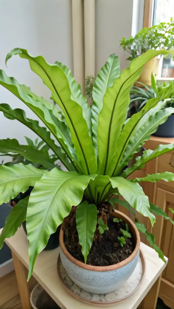 A vibrant Bird's Nest Fern (Asplenium nidus), a fantastic choice among low light house plants, showcases its broad, wavy, bright green fronds. The plant, with its distinctive dark central midribs on each leaf, sits in a stylish grey-blue ceramic pot on a wooden surface, thriving indoors near a window, perfect for adding a touch of lush greenery to shadier spots.