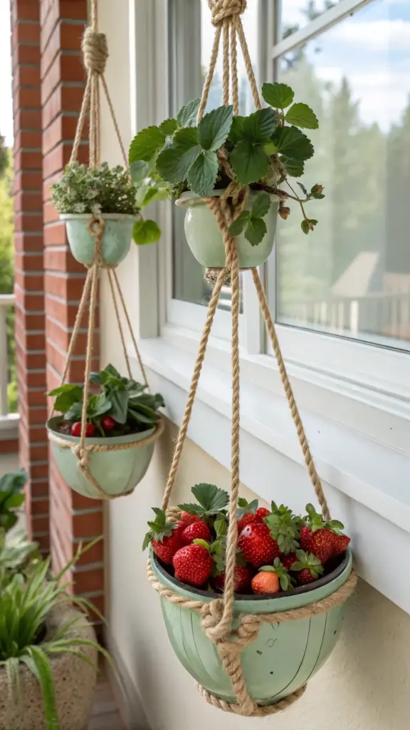 Beautiful light green ceramic hanging strawberry plants suspended by macrame rope hangers, showcasing lush foliage and bountiful ripe red strawberries on a porch or balcony.