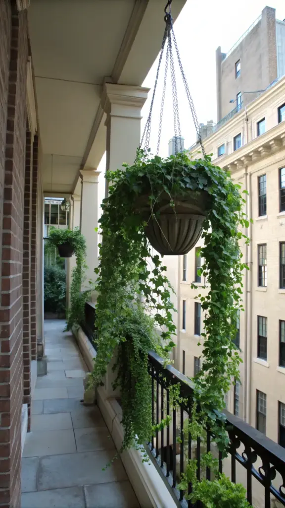 Classic English Ivy (Hedera helix) with its distinctive lobed leaves, shown as elegant "balcony hanging plants," trailing abundantly from a traditional stone urn planter suspended by chains on a covered urban balcony with brick and stone architecture.