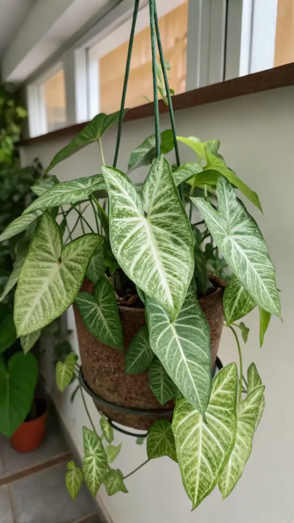 A lush Arrowhead Plant (Syngonium podophyllum) with striking green and white variegated arrow-shaped leaves, a versatile option for hanging plants indoor, displayed in a coir-lined hanging basket near a window.