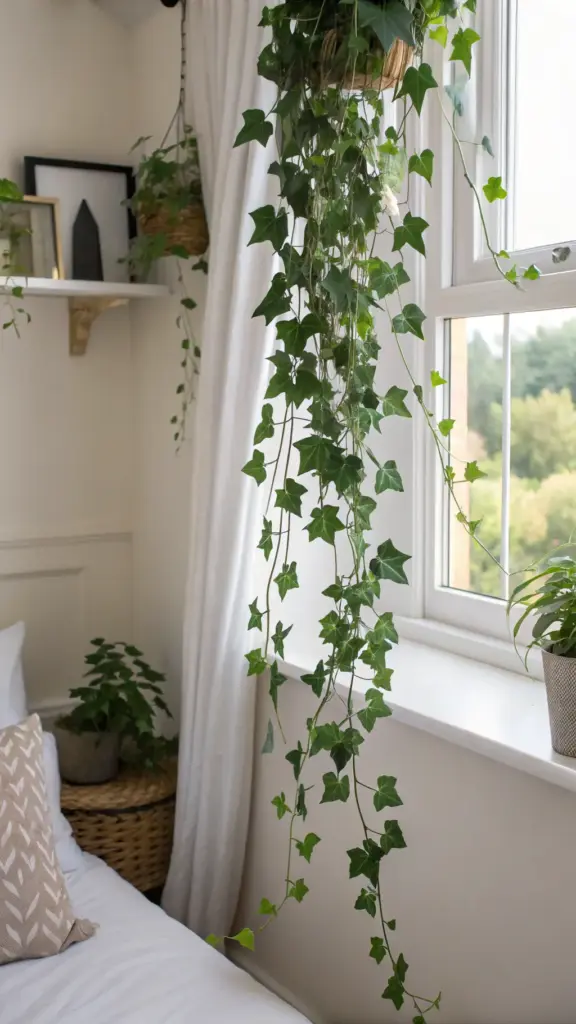 Classic English Ivy (Hedera helix) with its trailing, lobed green leaves, offering timeless and aesthetic "hanging plants indoor ideas," shown in a hanging pot against a light, neutral background.