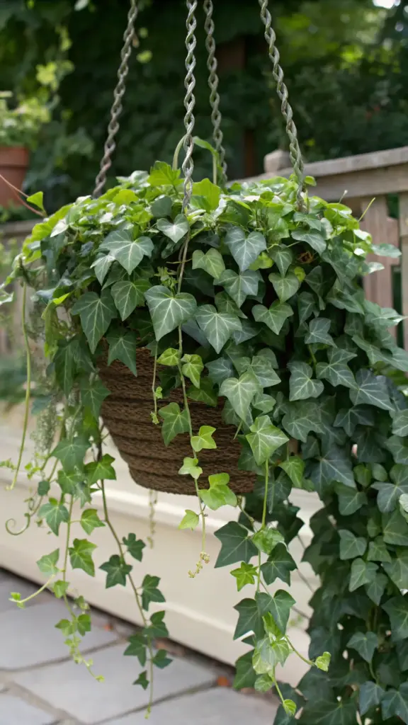 A classic English Ivy (Hedera helix) with its distinctive lobed green leaves trailing from a coir-lined hanging basket, showcasing versatile hanging plants outdoor for a timeless garden look.