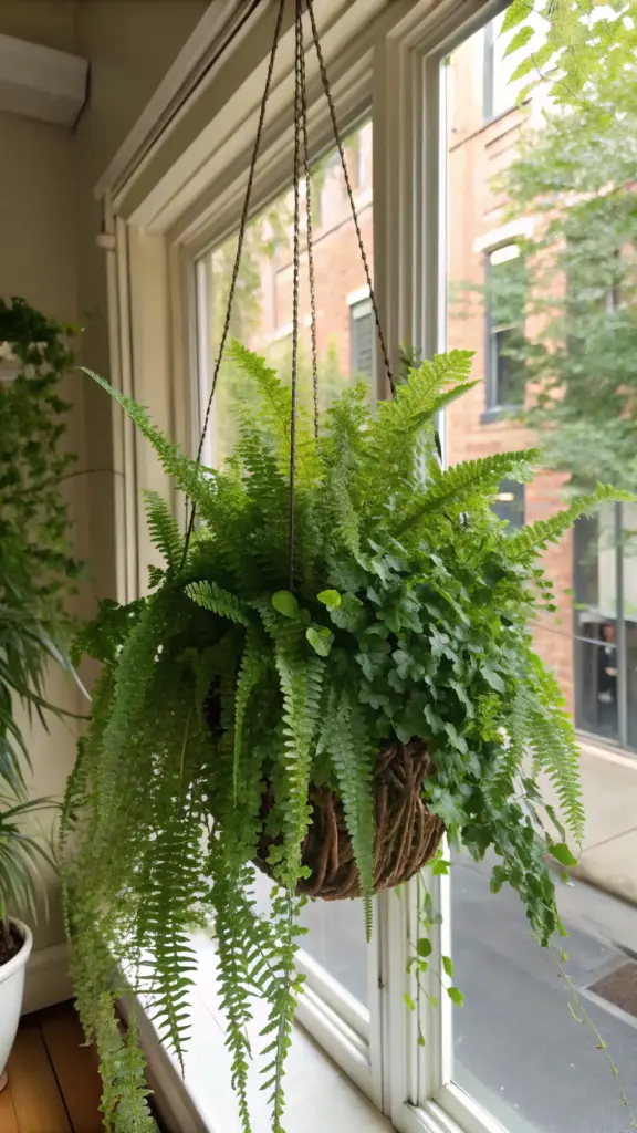 A lush, full fern creating a "hanging fern fantasy" with its soft, whimsical vibes, beautifully showcased as one of the "hanging plants in front of window," suspended in a woven basket by chains, with an urban view outside.