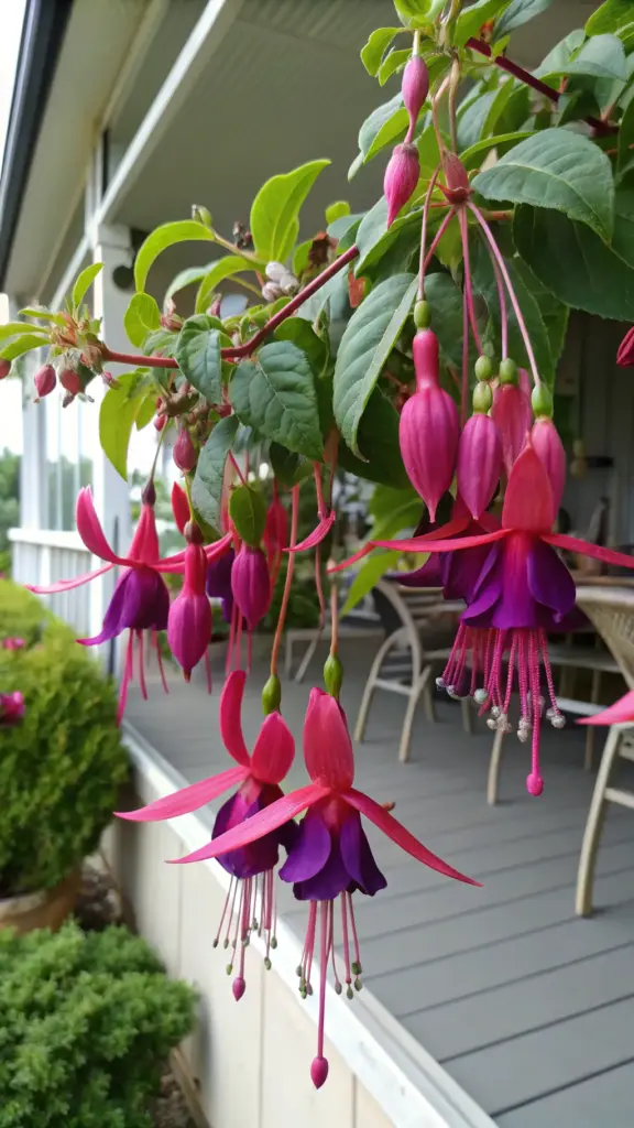 Dramatic pink and purple hanging fuchsia, elegant "outdoor hanging plants" that add a touch of whimsy, shown in full bloom and cascading from a hanging basket in a garden setting.