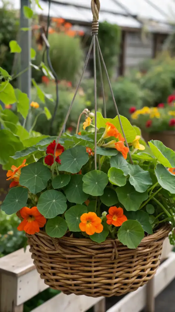 Edible orange and red nasturtium flowers and their round green leaves, fantastic "plants for hanging baskets," showcased beautifully in a rustic woven basket, with a greenhouse or garden center in the background.
