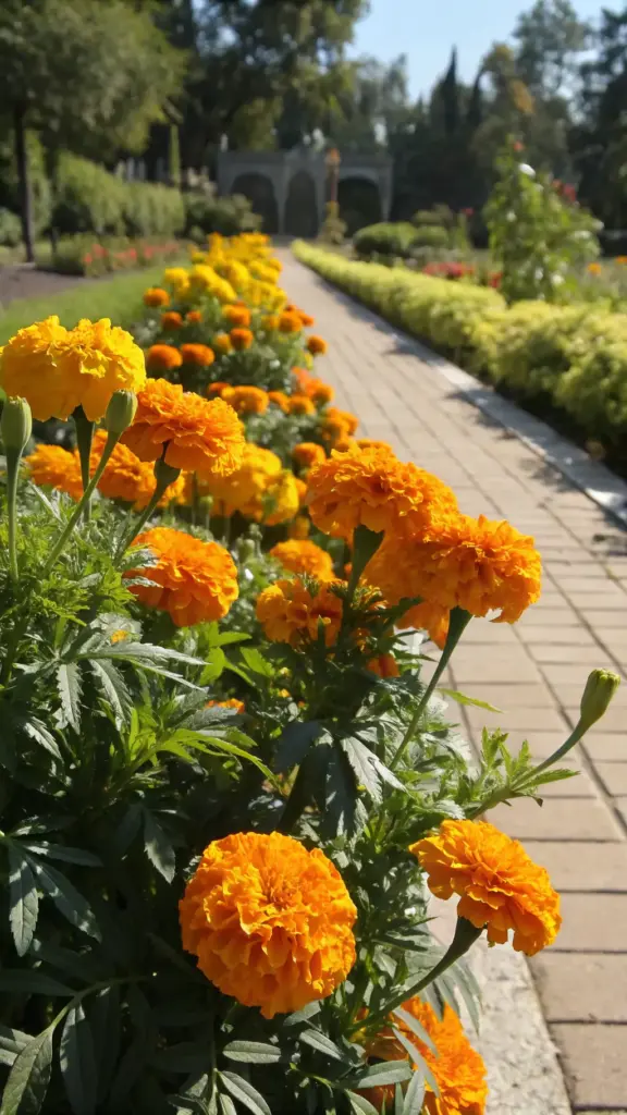 Bright orange pom-pom Marigolds form a dense, cheerful border, excellent summer plants full sun outdoor, lining a paved walkway in a sunny garden.