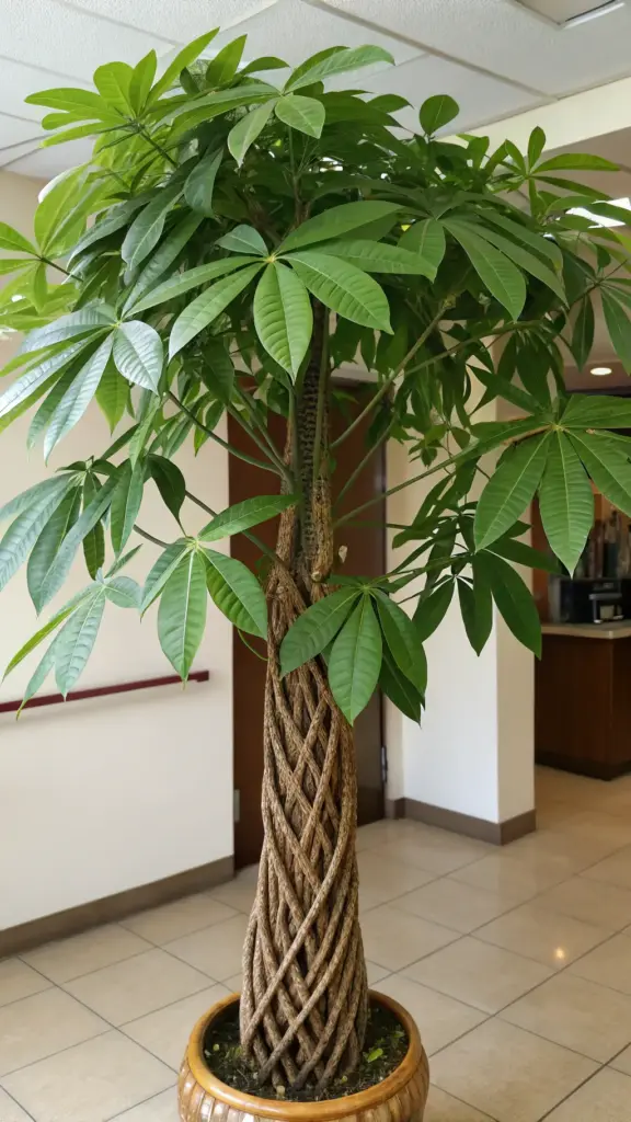 A healthy Pachira aquatica, commonly known as a Money Tree, featuring its signature braided trunk and vibrant, palmate bright green leaves. This popular specimen is showcased in a decorative brown pot on a tiled floor in a well-lit indoor office or hallway setting, making it an attractive example of cat friendly house plants that add a touch of nature and good fortune to pet-inhabited spaces.