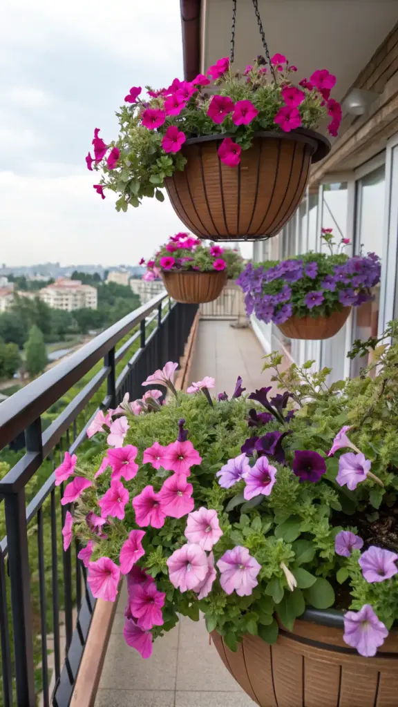 Colorful pink and purple petunias overflowing from hanging baskets and planters, creating a stunning display of balcony plants summer blooms on a city balcony with a view.