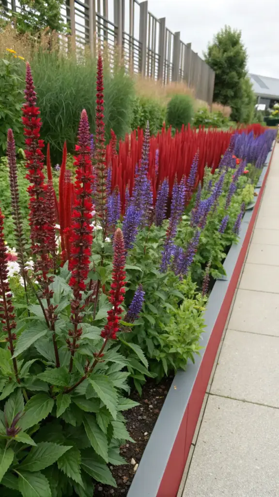 A vibrant flower bed featuring full sun plants that bloom all summer, with tall red spikes and purple blooms standing out against a lush green backdrop. Neatly arranged within a bordered garden space and set beside smooth light pavement, this colorful display showcases the harmony of nature and thoughtful landscape design.
