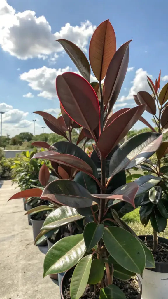 A bold Burgundy Rubber Plant (Ficus elastica) with glossy, dark reddish-green leaves, thriving outdoors in a nursery pot, showcasing it as one of the striking indoor plants that can go outside in the summer to boost growth.